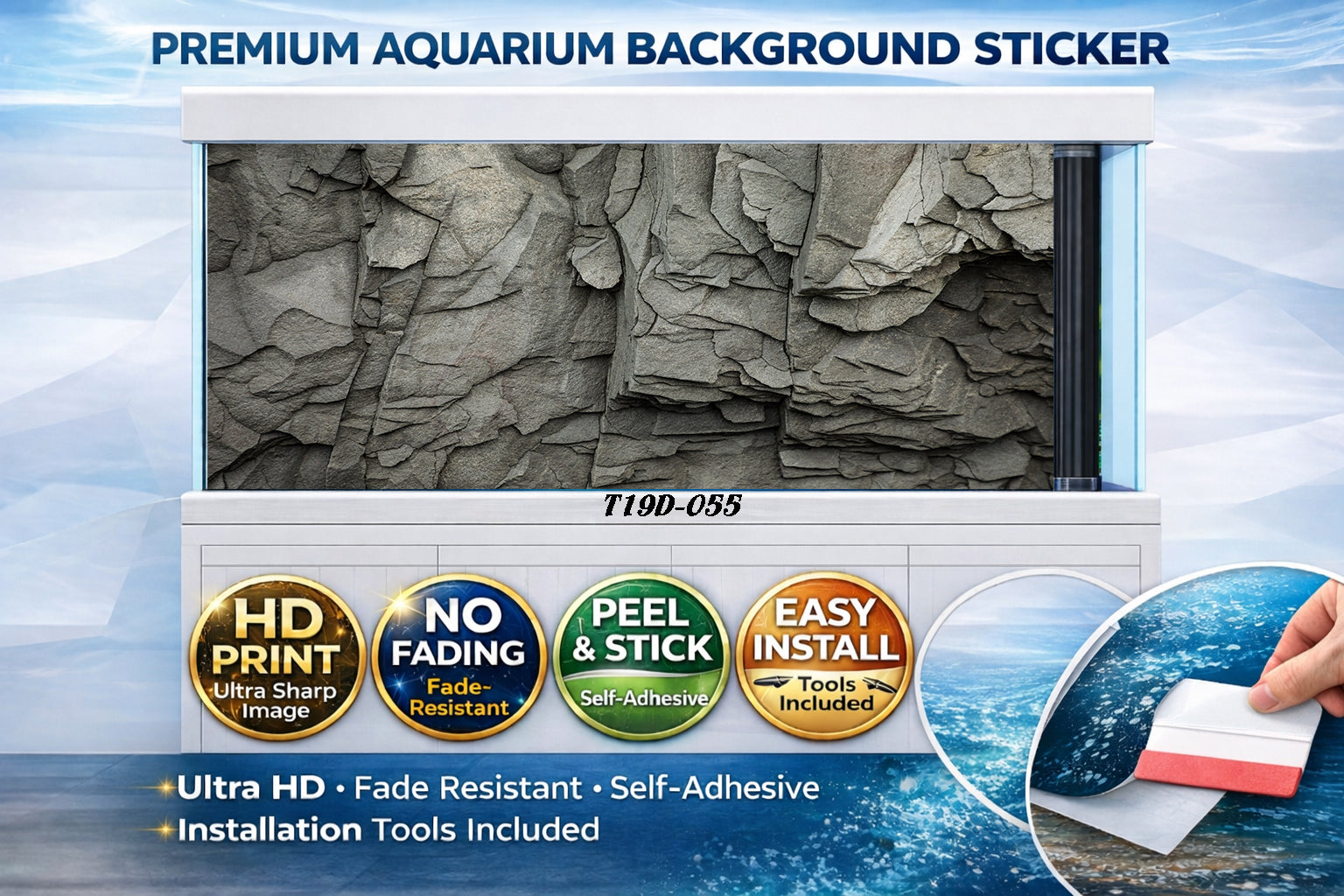 Light gray rock wall aquarium background sticker by Aquarium Background Trung3D, featuring a realistic textured design.