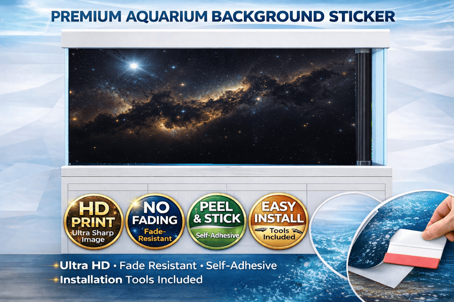 Milky Way Aquarium background decal by Aquarium Background Trung3D, featuring a vibrant ultra HD galaxy design for fish tanks.