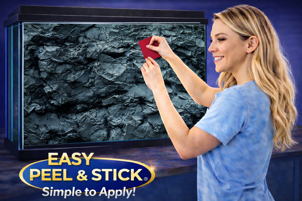 Dark slate rock wall aquarium background sticker for fish tanks, featuring ultra HD design and self-adhesive backing.