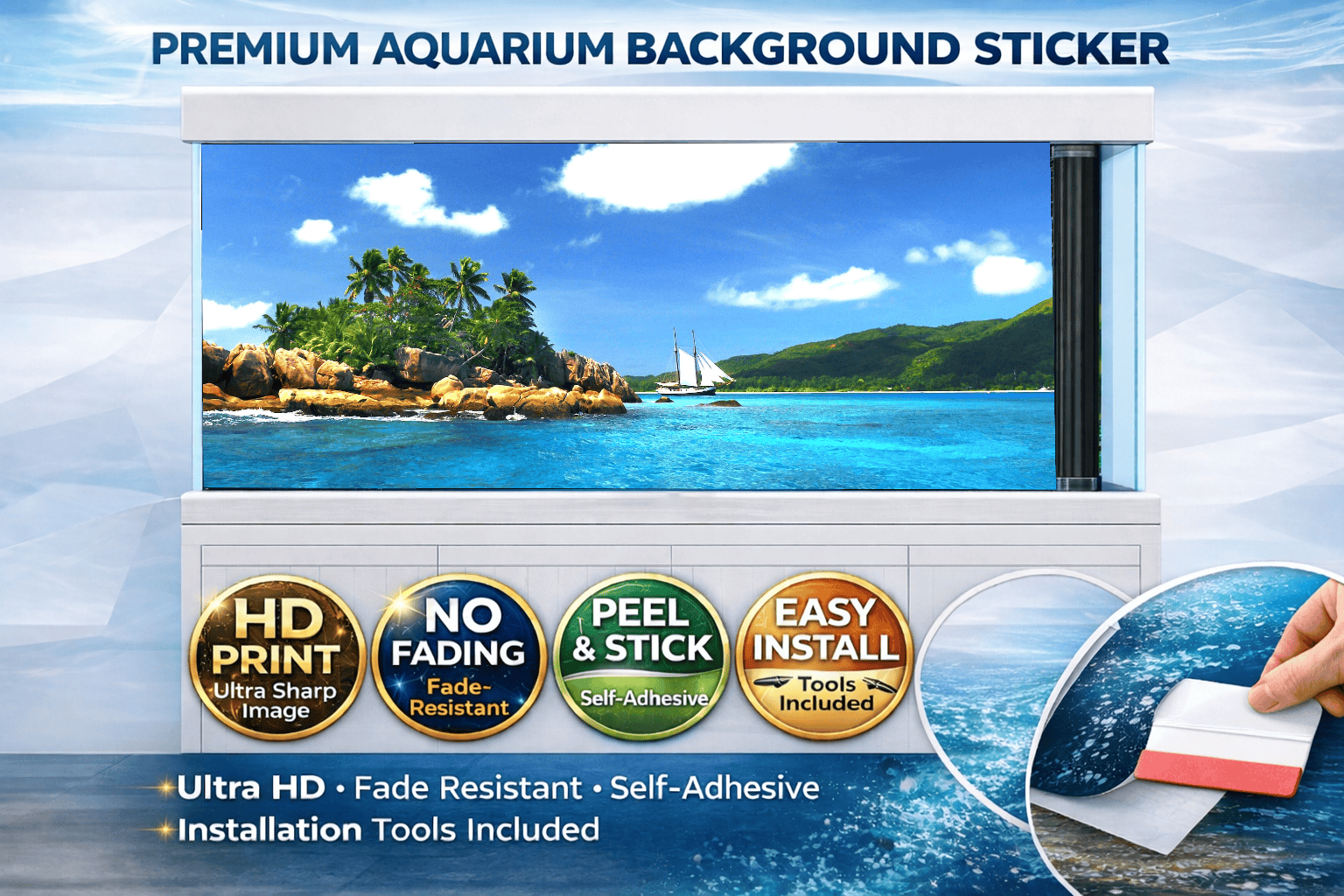 Ultra HD Tropical Island Aquarium Background Decal by Aquarium Backround Trung3D showing vibrant ocean paradise scene for fish tanks