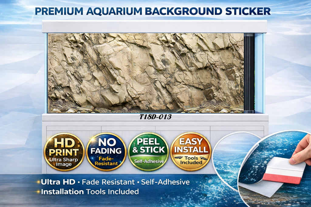 Natural sandstone cliff aquarium background sticker for fish tank, featuring ultra HD design and self-adhesive backing.