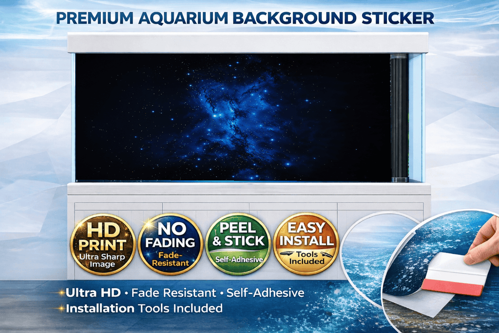 Blue nebula aquarium background decal by Aquarium Background Trung3D featuring an ultra HD galaxy scene for fish tanks.