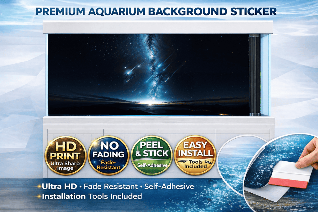 Decorative decal of a cosmic meteor shower for fish tanks, designed by Aquarium Background Trung3D, ideal for aquarium backgrounds.