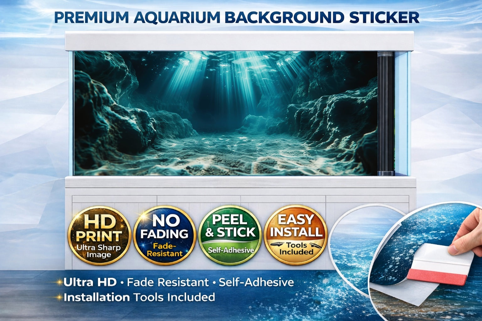 Ultra HD underwater cave aquarium background decal by Aquarium Backround Trung3D, featuring realistic underwater cave scenery for fish tanks.