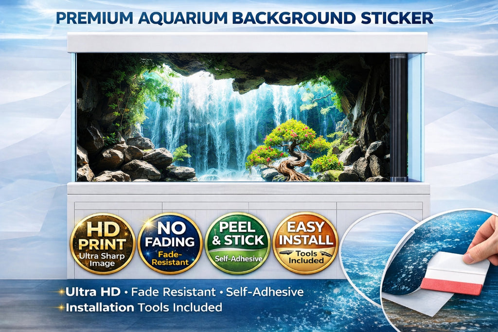 HD waterfall cave aquarium background decal by Aquarium Background Trung3D, featuring a realistic cave and waterfall scene for fish tanks.