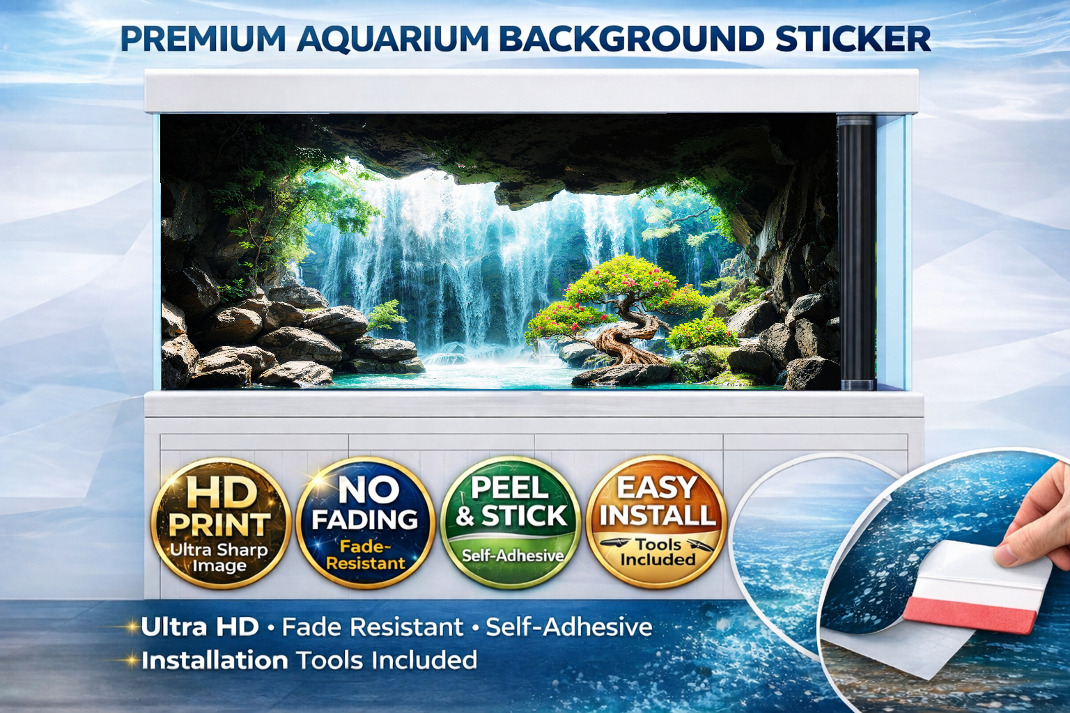 3D waterfall aquarium background decal by Aquarium Backround Trung3D, featuring vibrant underwater scenery for fish tanks.