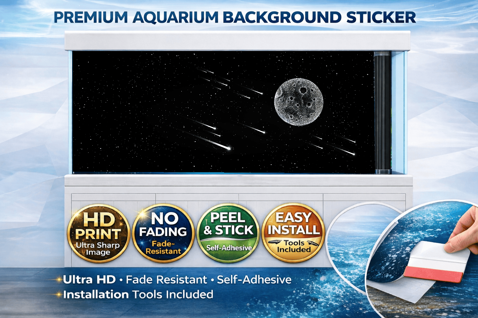 Meteor Shower Moon Aquarium Background – Self Adhesive Fish Tank Backdrop