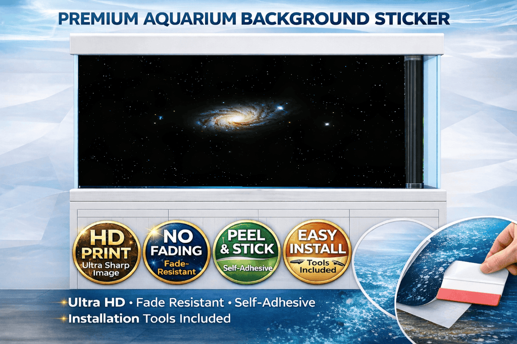 Cosmic Galaxy fish tank background decal by Aquarium Backround Trung3D, featuring vibrant HD galaxy and underwater scene for aquariums.