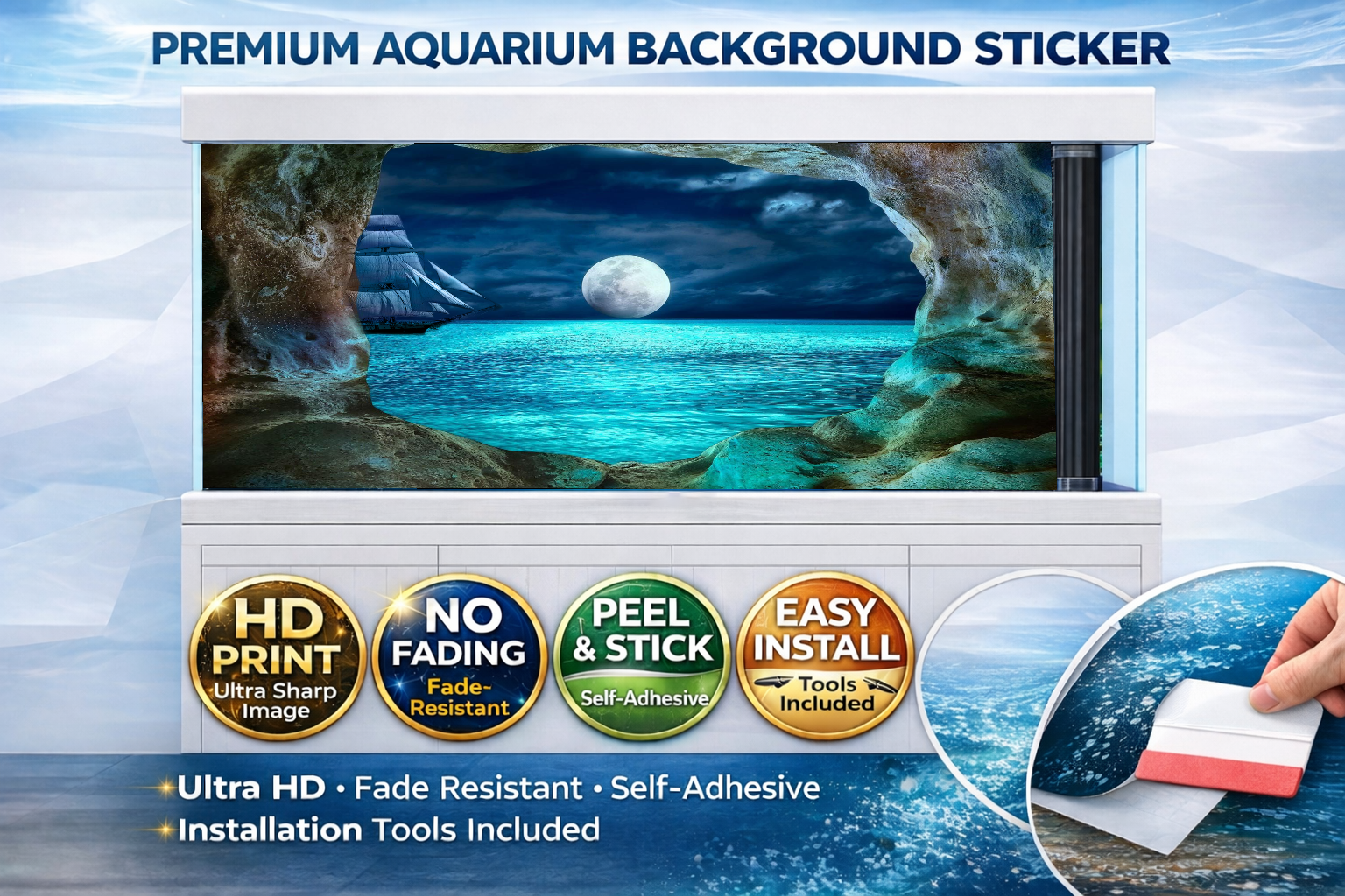 Ultra HD Blue Cave aquarium background decal by Aquarium Background Trung3D, featuring realistic underwater cave scene for fish tanks