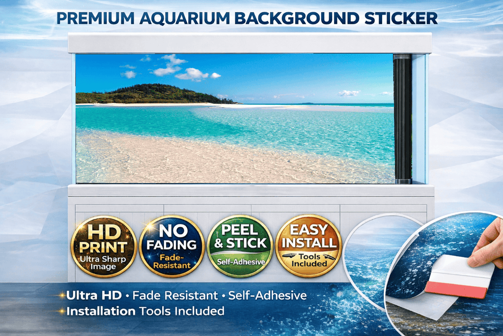 Crystal Beach Aquarium Background Sticker by Aquarium Backround Trung3D featuring vibrant tropical sea fish and coral for fish tank decor.