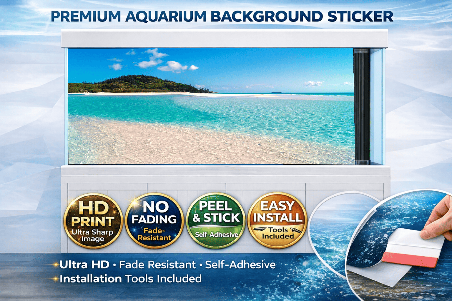 Crystal Beach Aquarium Background Sticker by Aquarium Backround Trung3D featuring vibrant tropical sea fish and coral for fish tank decor.