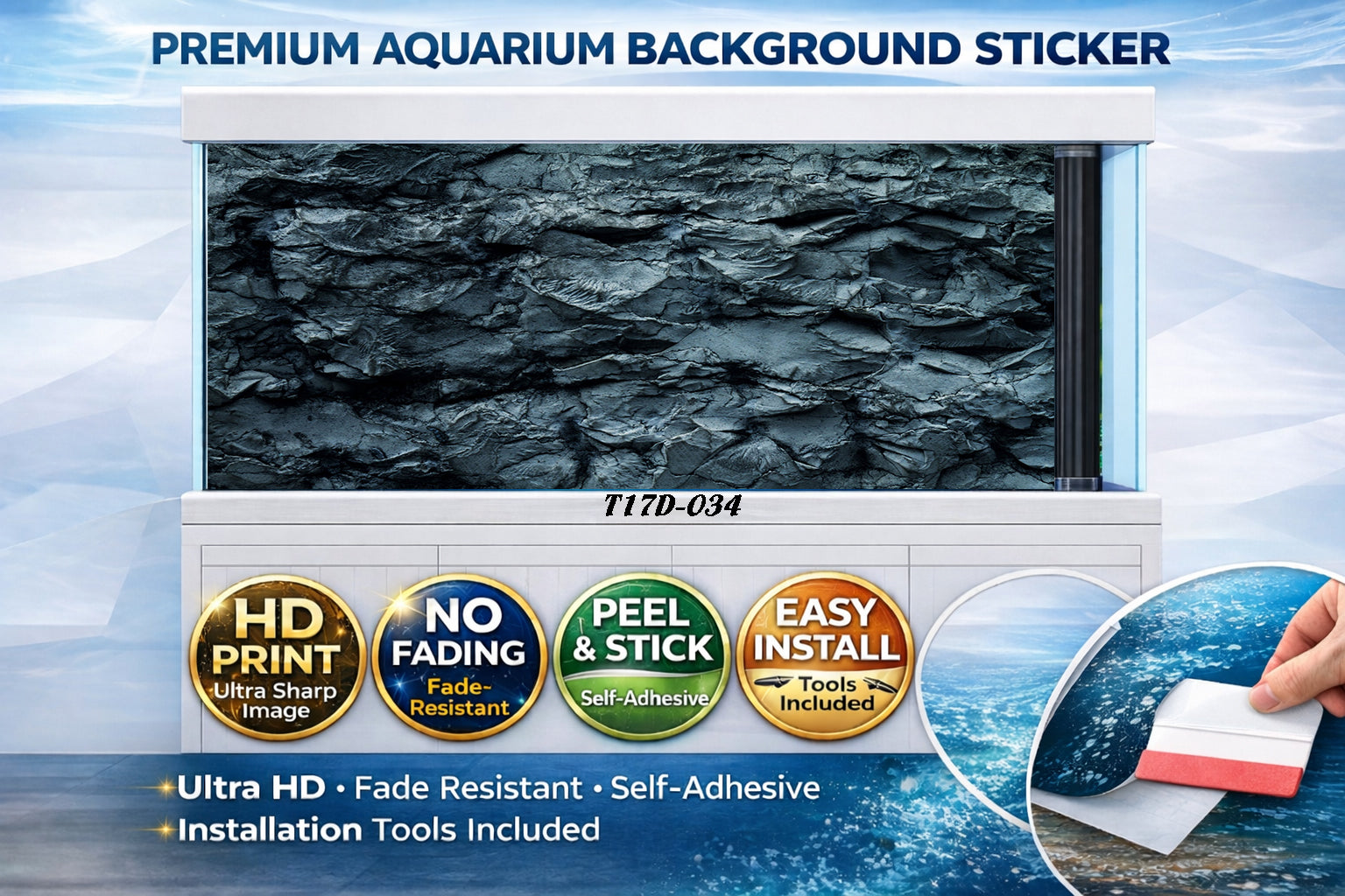 Dark slate rock wall aquarium background sticker for fish tank, ultra HD self-adhesive decal by Aquarium Background Trung3D.