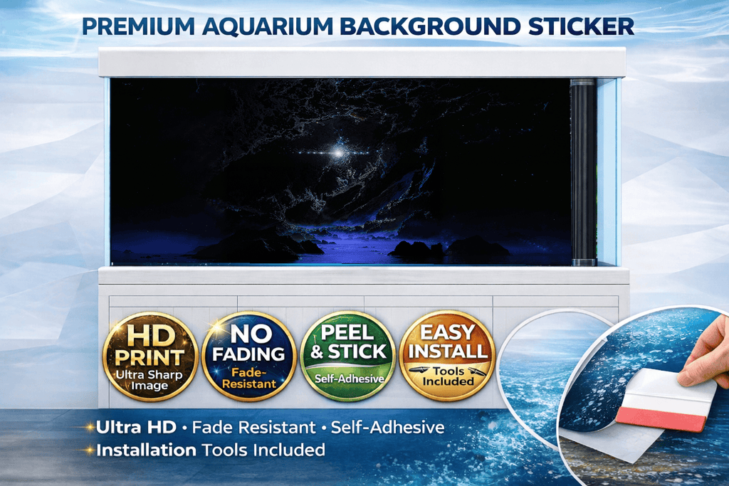 Mystic space cave fish tank background decal by Aquarium Backround Trung3D, featuring high-definition cosmic underwater scene for aquariums.