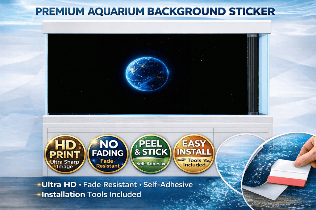 Self-adhesive Planet Earth space-themed aquarium background decal by Aquarium Backround Trung3D, with detailed Earth and space imagery.