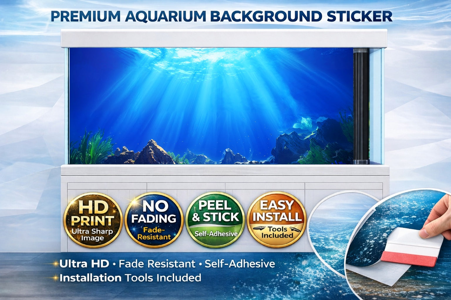 Ultra HD Sun Rays Ocean Aquarium Background decal by Aquarium Backround Trung3D featuring vibrant sun rays and ocean scene for fish tanks.
