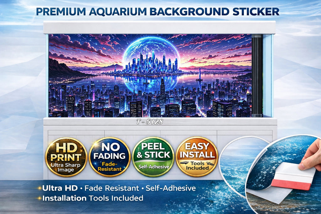 Premium Aquarium Background Sticker – Futuristic City Night Skyline - Aquarium Backround Trung3D