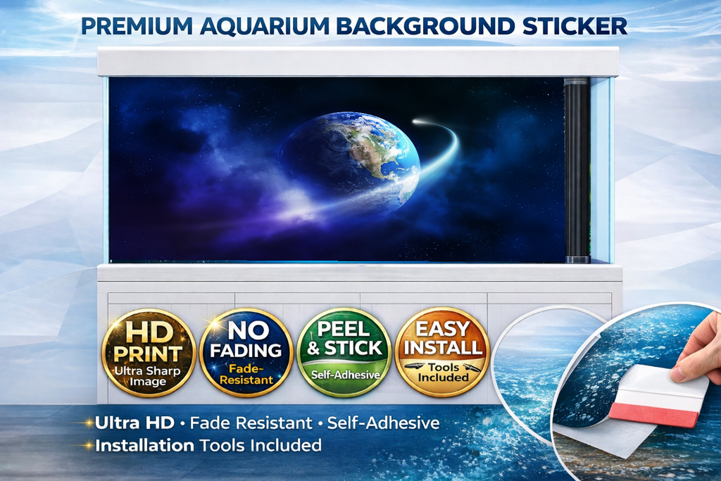 4K Galaxy Earth aquarium background decal by Aquarium Backround Trung3D, featuring a vibrant galaxy and Earth scene for fish tanks.