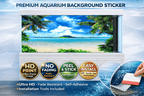 Ultra HD tropical palm beach aquarium background decal by Aquarium Background Trung3D, featuring vibrant ocean and fish tank scenery.