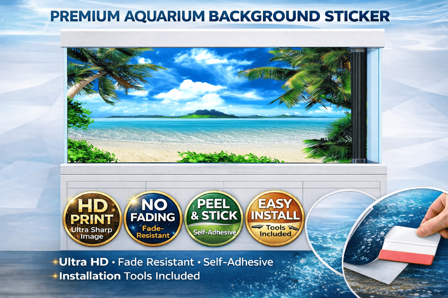 Ultra HD tropical palm beach aquarium background decal by Aquarium Background Trung3D, featuring vibrant ocean and fish tank scenery.
