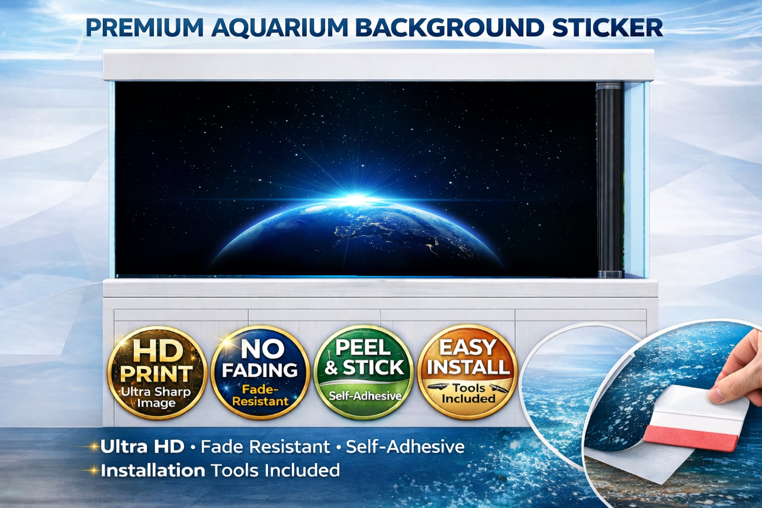 4K Space Earth aquarium background decal by Trung3D, featuring a detailed cosmic and Earth scene for fish tanks.