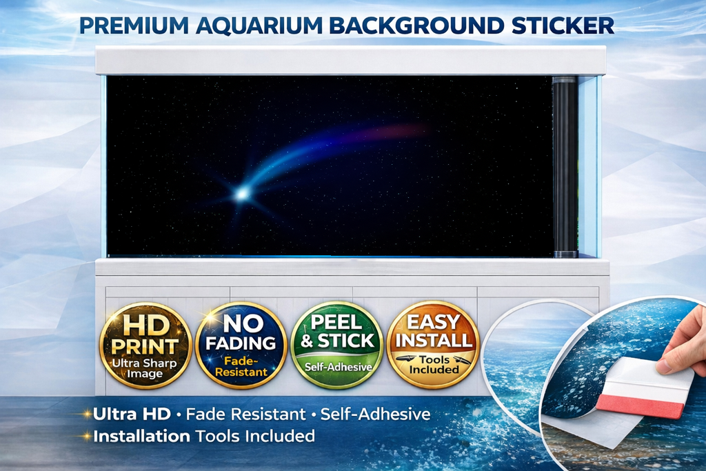 Colorful moon and galaxy-themed aquarium background decal for fish tanks by Aquarium Backround Trung3D, showing vivid space scene.