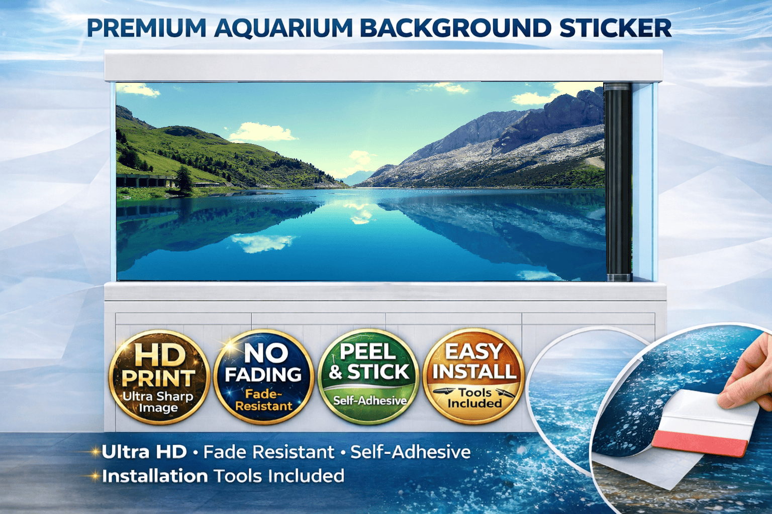 Ultra HD Mountain Lake Aquarium background decal by Aquarium Backround Trung3D, featuring realistic nature reflection for fish tanks.