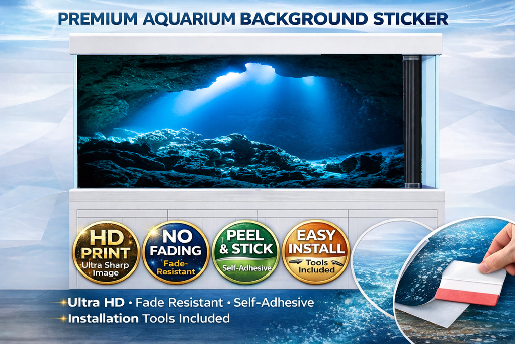 Deep blue ocean cave aquarium background decal showing 3D fish tank backdrop with vibrant underwater scene and coral details.