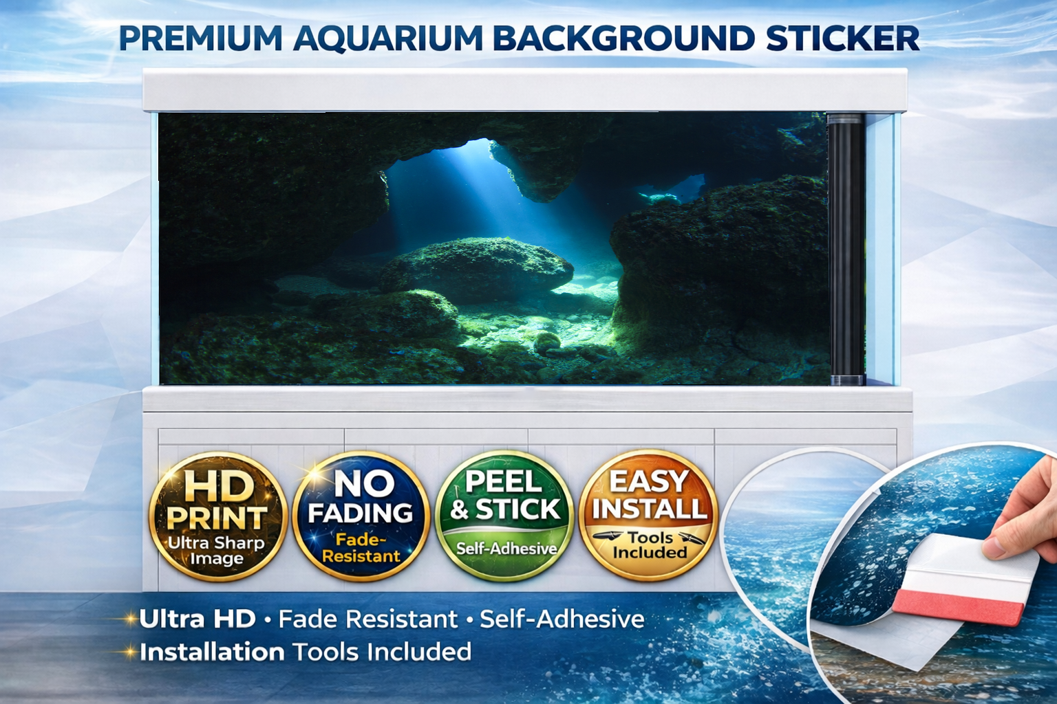 Sunlit ocean cave aquarium background decal by Aquarium Backround Trung3D, featuring a 3D fish tank backdrop with vibrant underwater cave scene.