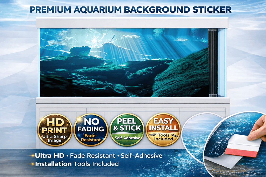 Mystic underwater cave aquarium background decal by Aquarium Backround Trung3D, featuring deep blue ocean cave scenery for fish tanks.