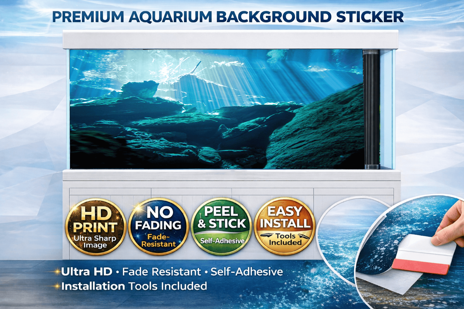 Mystic underwater cave aquarium background decal by Aquarium Backround Trung3D, featuring deep blue ocean cave scenery for fish tanks.
