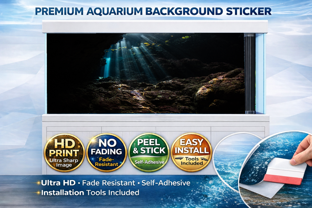 Mystic Sunbeam Reef Aquarium background decal by Aquarium Backround Trung3D, featuring vibrant 3D fish and coral designs for reef tanks.