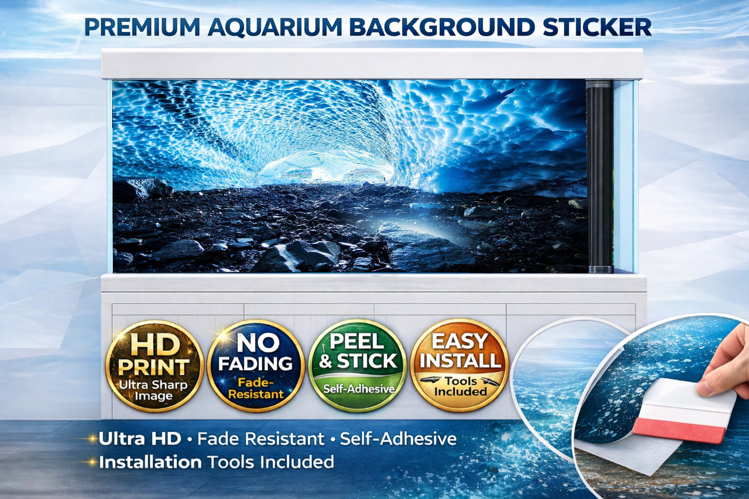 Frozen Ice Cave aquarium background sticker by Aquarium Backround Trung3D, featuring a 3D icy cave scene for fish tanks.