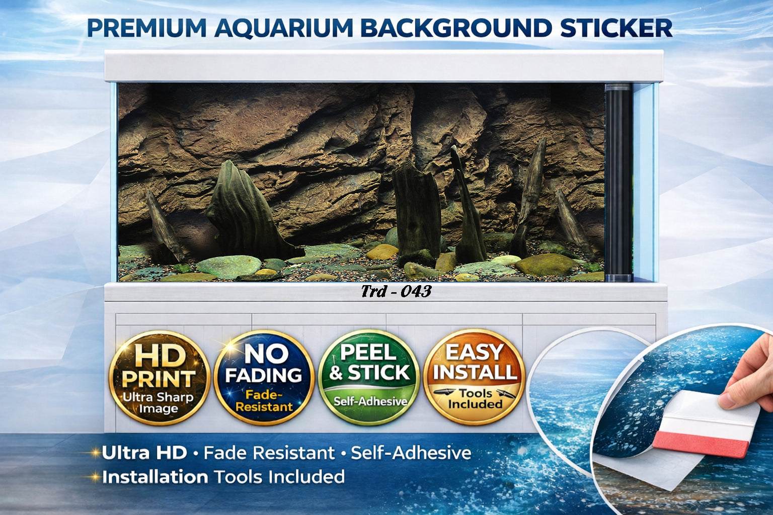 3D natural rock cliff aquarium background decal for fish tanks, featuring realistic textures and colors.