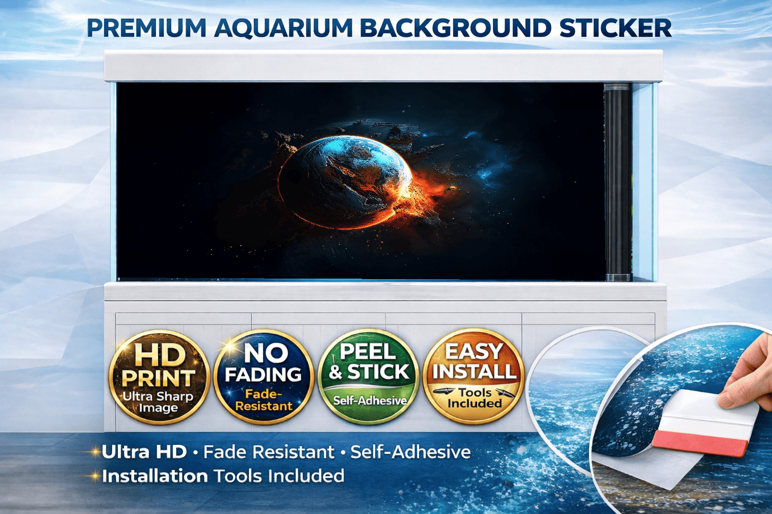 Burning Planet Aquarium Background Sticker – Ultra HD Tank Backdrop
