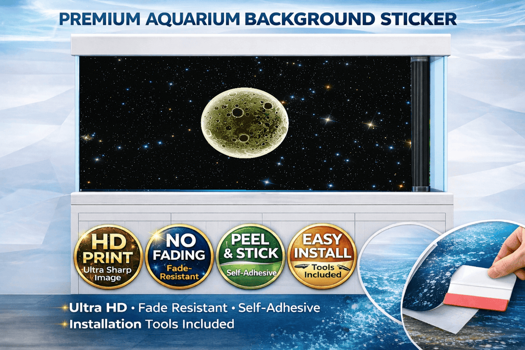 Ultra HD Moon Galaxy aquarium background sticker by Aquarium Backround Trung3D, featuring a cosmic space scene for fish tanks.