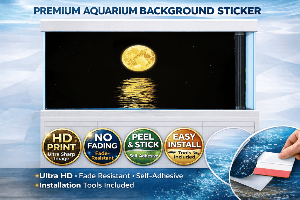 Golden Moon Aquarium Background Sticker decal from Aquarium Background Trung3D featuring a detailed, vibrant moon scene for tank decor.