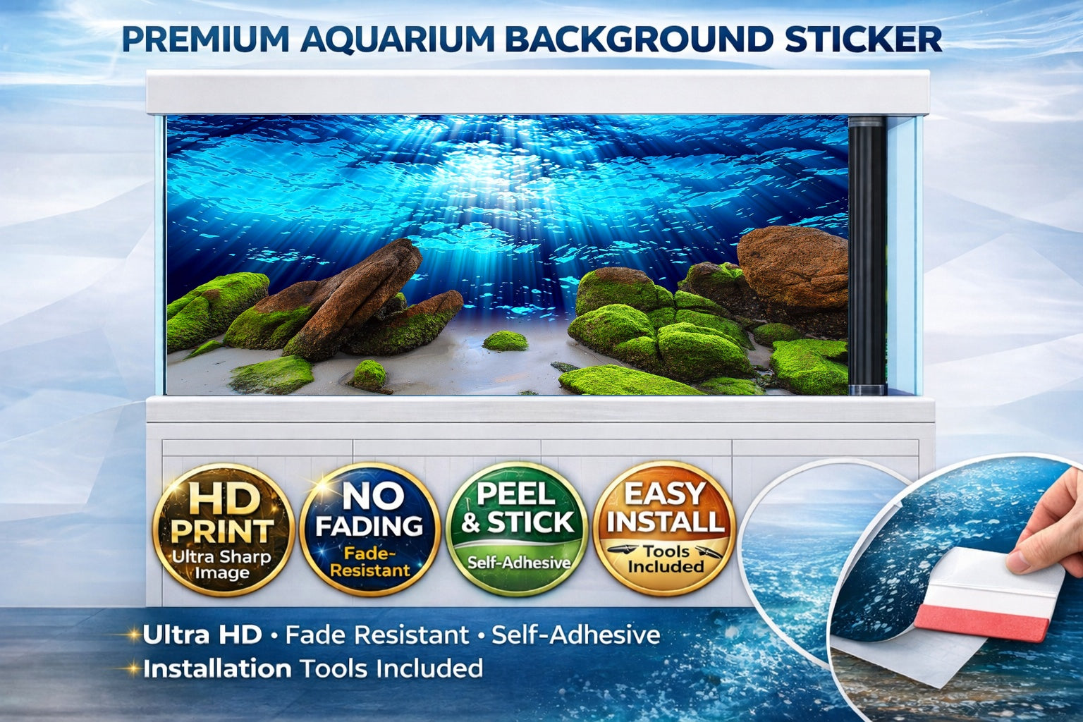 Green moss rock aquarium background decal by Aquarium Backround Trung3D, featuring realistic moss rock design for fish tanks.