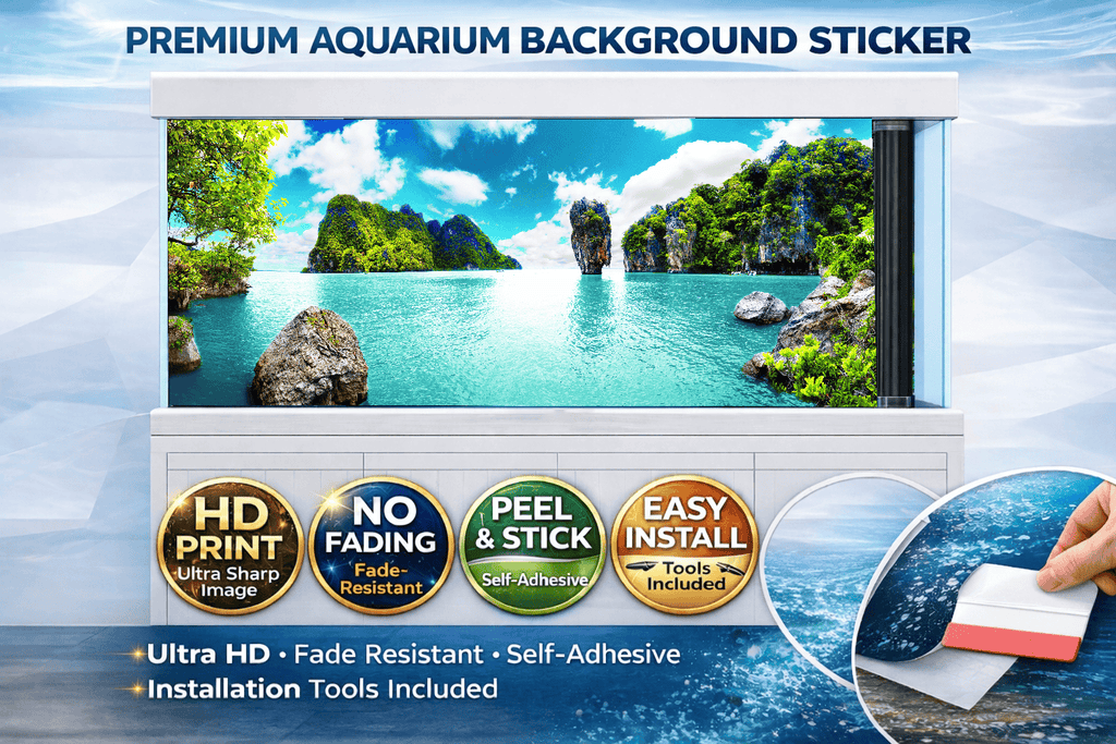 Ultra HD Tropical Lagoon aquarium background decal by Aquarium Background Trung3D featuring vibrant island paradise fish tank backdrop.