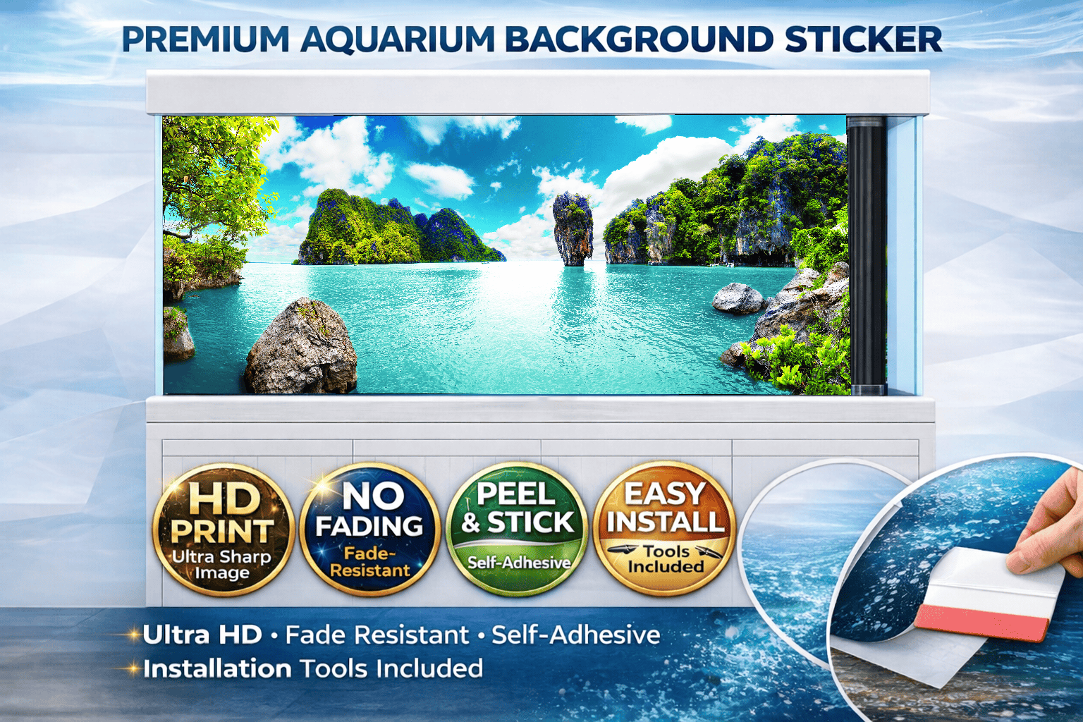 Ultra HD Tropical Lagoon aquarium background decal by Aquarium Background Trung3D featuring vibrant island paradise fish tank backdrop.