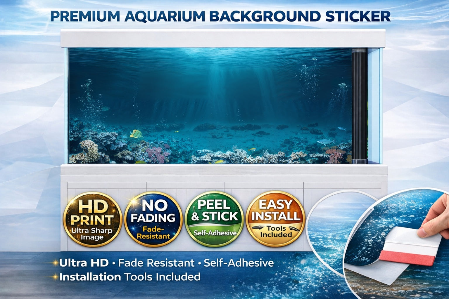 Ocean coral reef aquarium background decal by Aquarium Backround Trung3D, featuring vibrant underwater coral and fish scene for fish tanks.
