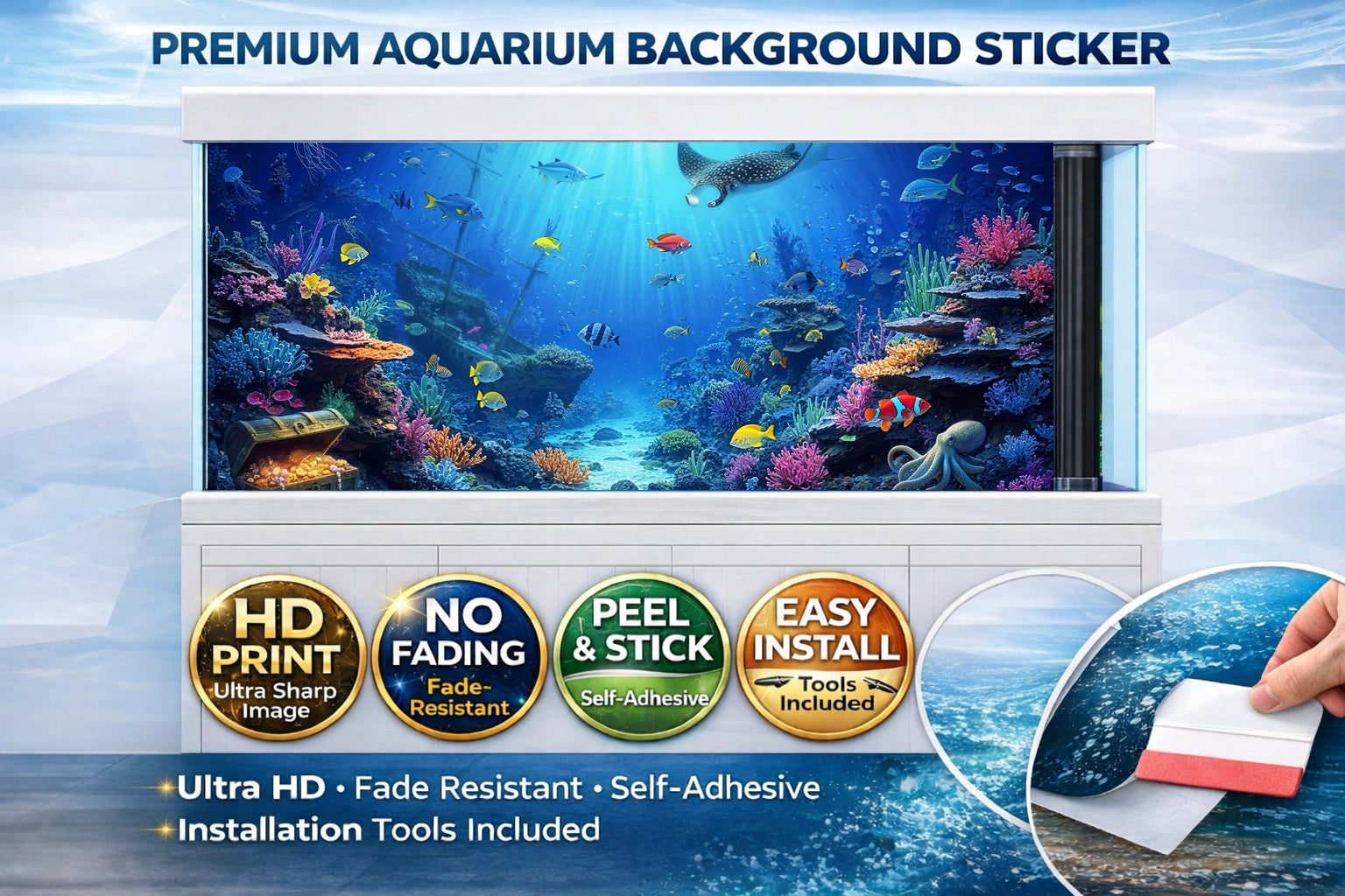Tropical coral reef aquarium background decal by Aquarium Background Trung3D, featuring vibrant ocean fish and coral details.