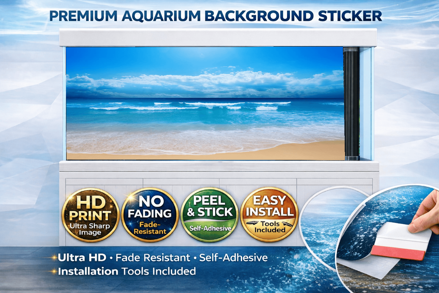 Ocean waves aquarium background decal by Aquarium Backround Trung3D showing a tropical beach scene with vibrant ocean waves for fish tanks.