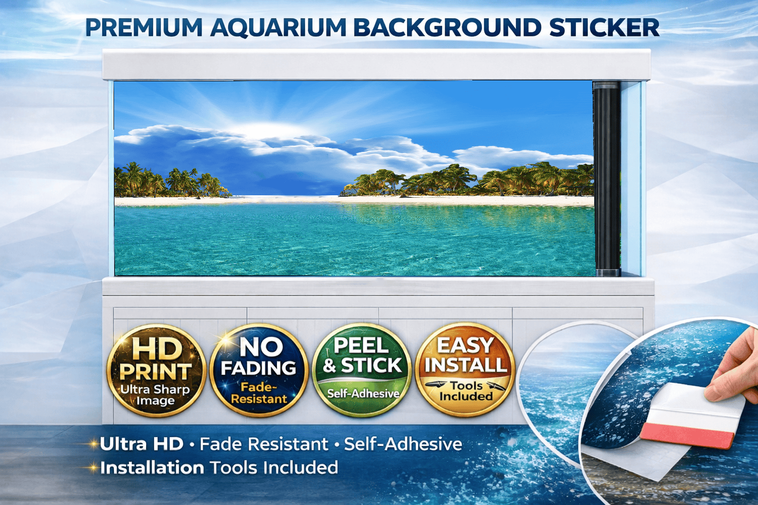 Ultra HD Tropical Lagoon Aquarium background decal by Aquarium Background Trung3D, depicting crystal water and vibrant fish tank scenery.