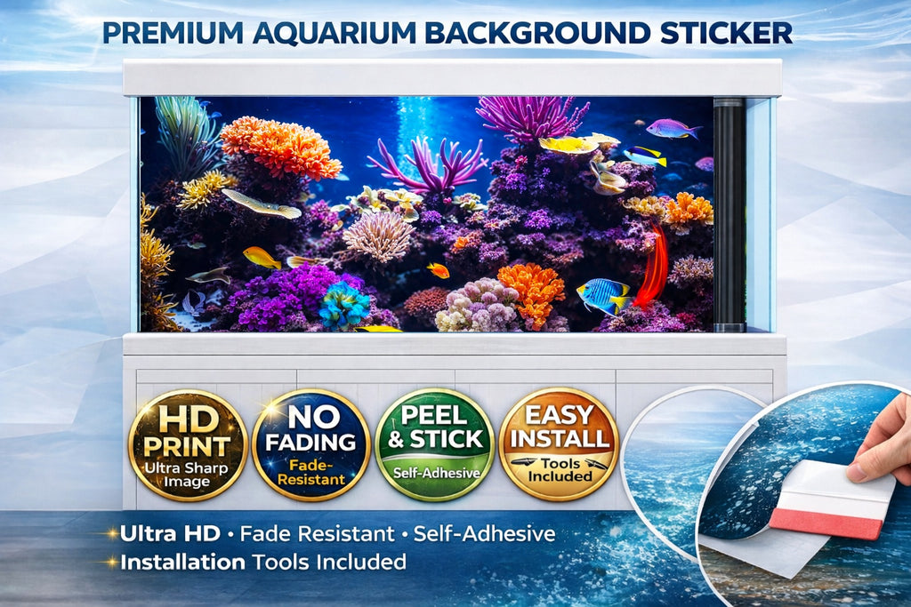Colorful coral reef aquarium background decal with tropical fish, designed for tropical fish tanks, by Aquarium Backround Trung3D.