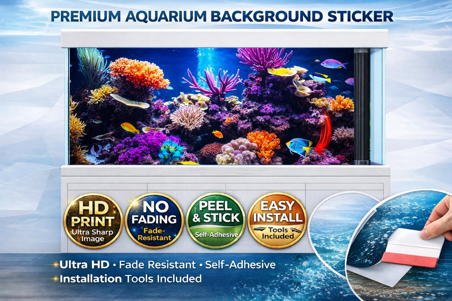 Colorful coral reef aquarium background decal with tropical fish, designed for tropical fish tanks, by Aquarium Backround Trung3D.