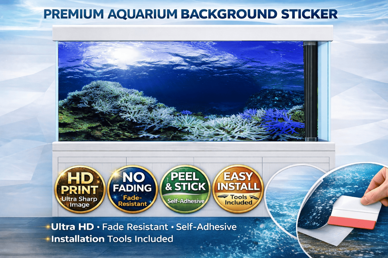 Ultra HD blue coral reef aquarium background decal with vibrant ocean fish and marine life for fish tank decor by Aquarium Backround Trung3D.