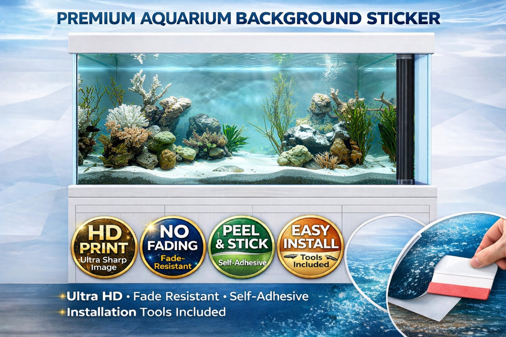 White sand reef aquarium background decal by Aquarium Backround Trung3D, featuring a clear ocean fish tank backdrop with coral and marine life