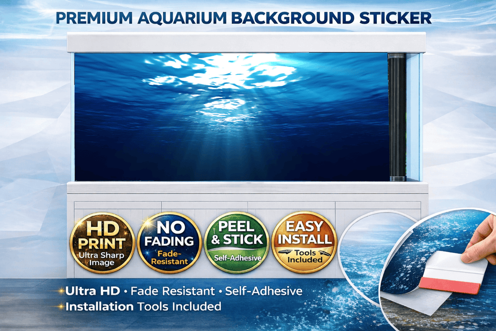 Deep blue ocean aquarium background decal with sunlight and fish, designed for underwater fish tank decor by Aquarium Background Trung3D