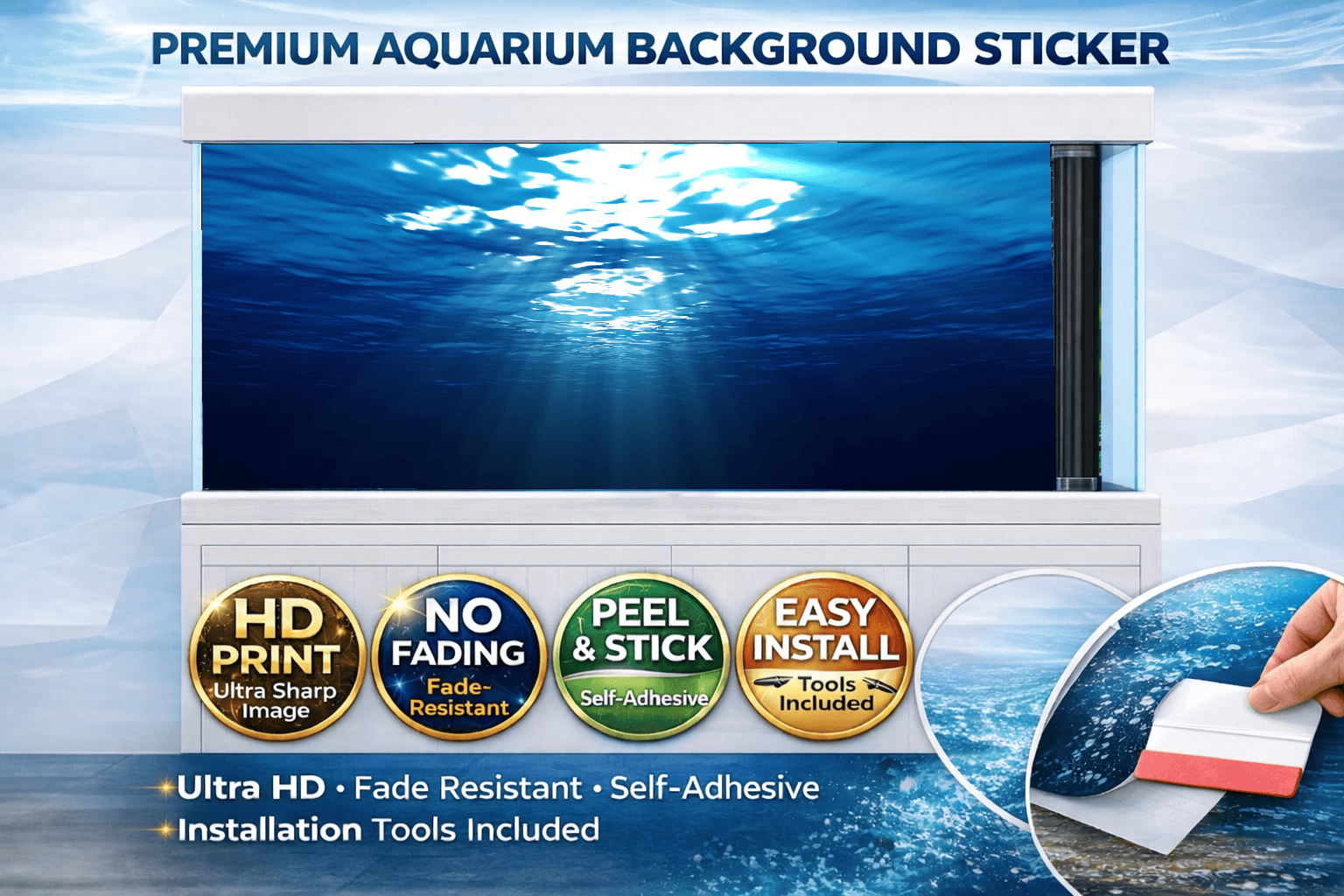 Deep blue ocean aquarium background decal with sunlight and fish, designed for underwater fish tank decor by Aquarium Background Trung3D