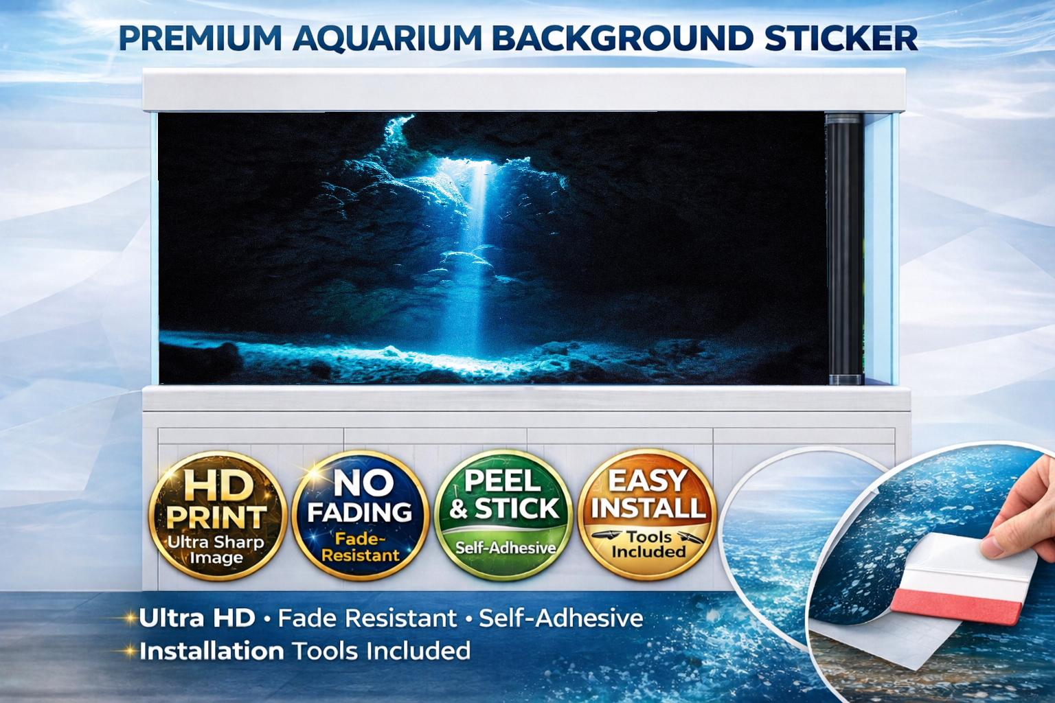 Deep Abyss Light Cave aquarium background decal with 3D fish tank design, peel and stick, for enhancing aquarium decor.